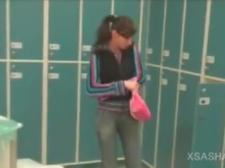 Lesbo lascivious Brunette Masturbates Cunt In The Locker Room