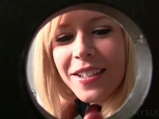 Cutie on knees blowing putz for a cum shot on gloryhole