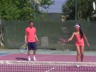 Four way teens pussy fucked on tennis court