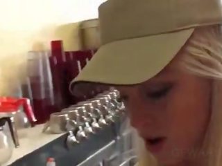 Blonde waitress pussy fingered in POV style